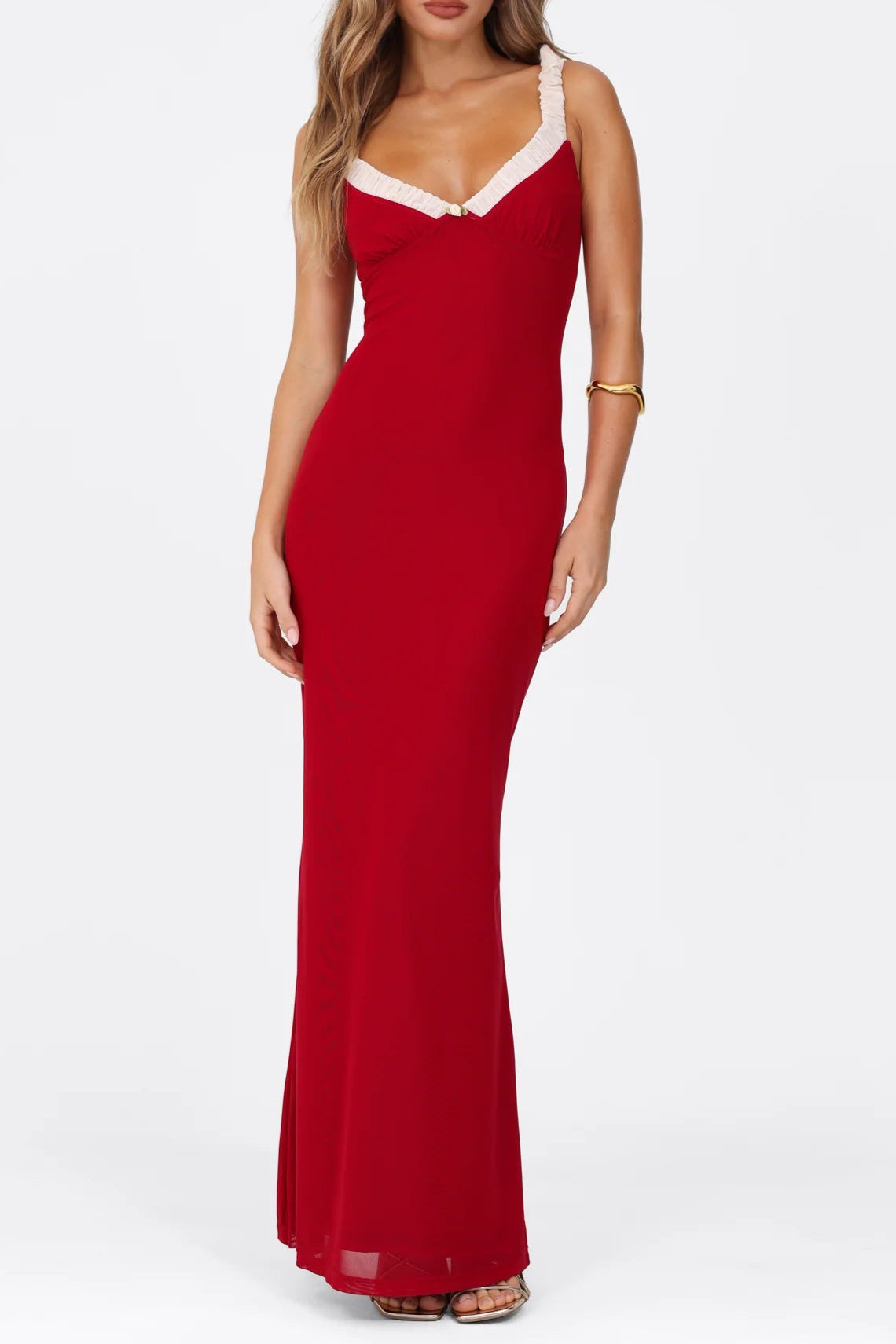 Red Bustier Maxi Dress with a V-Neckline
