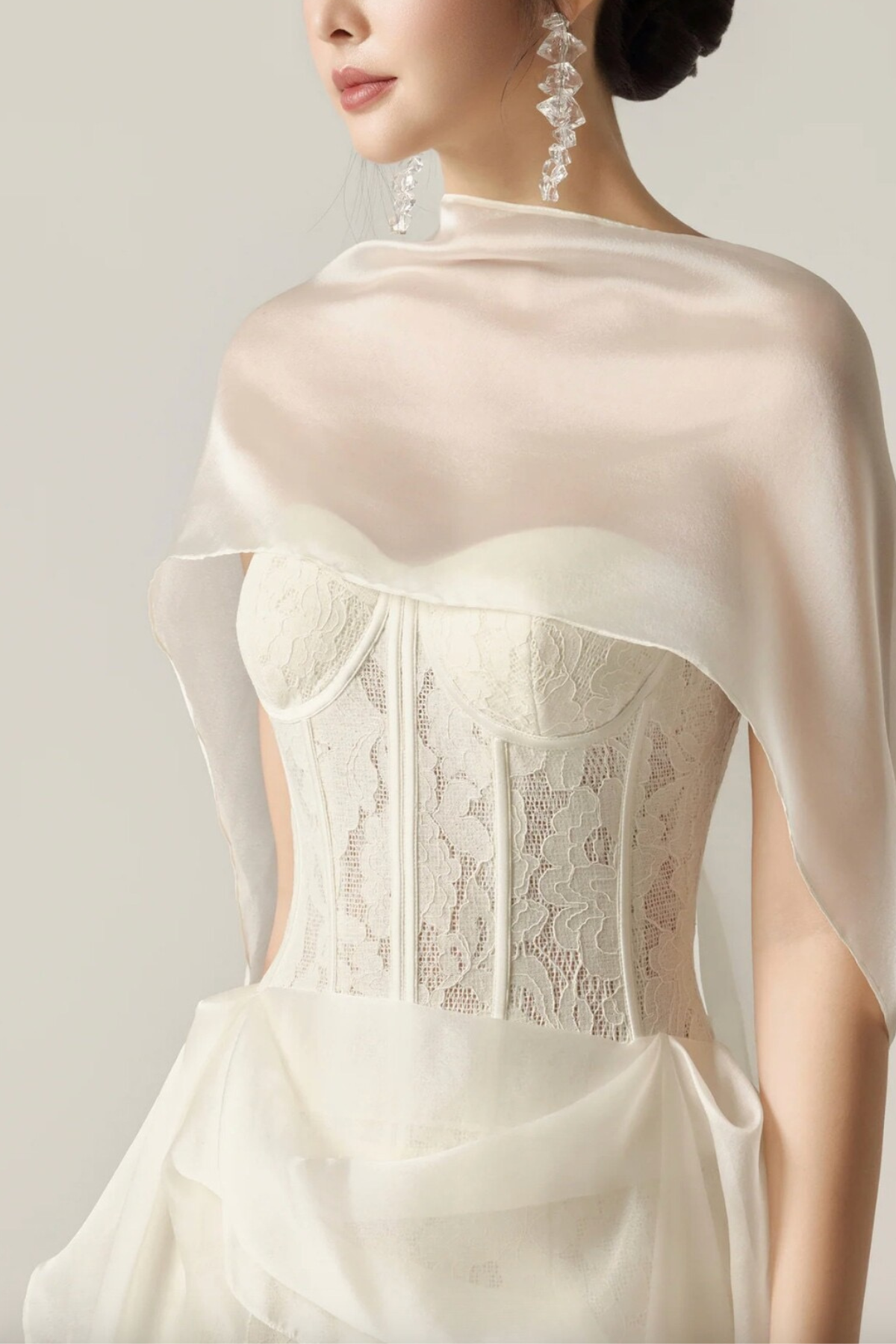 White Lace Corset Midi Satin Sash Dress with Flowy Sash