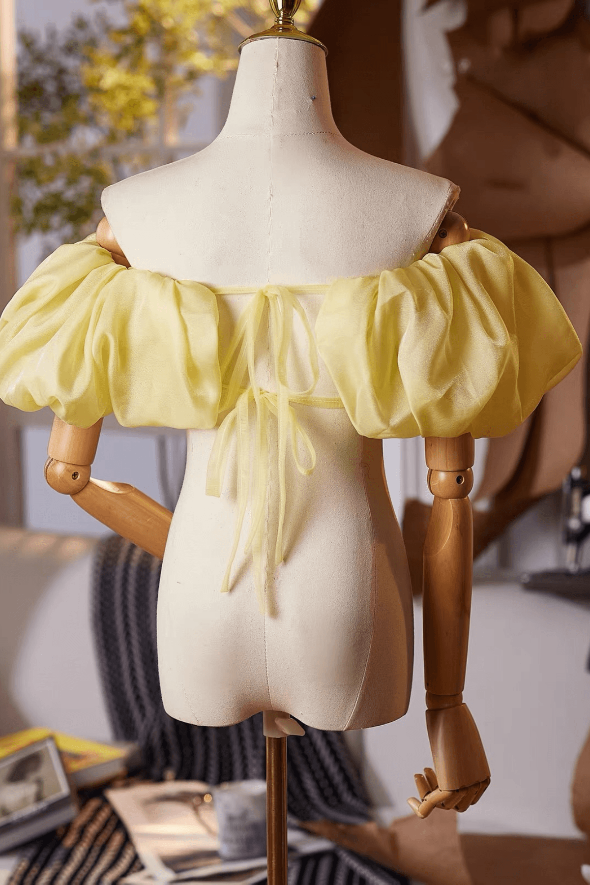 Yellow Off Shoulder Puff Shoulder Shawl