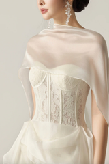 White Lace Corset Midi Satin Sash Dress with Flowy Sash