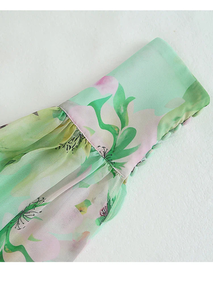 V Neck Floral Print Maxi Dress in Green