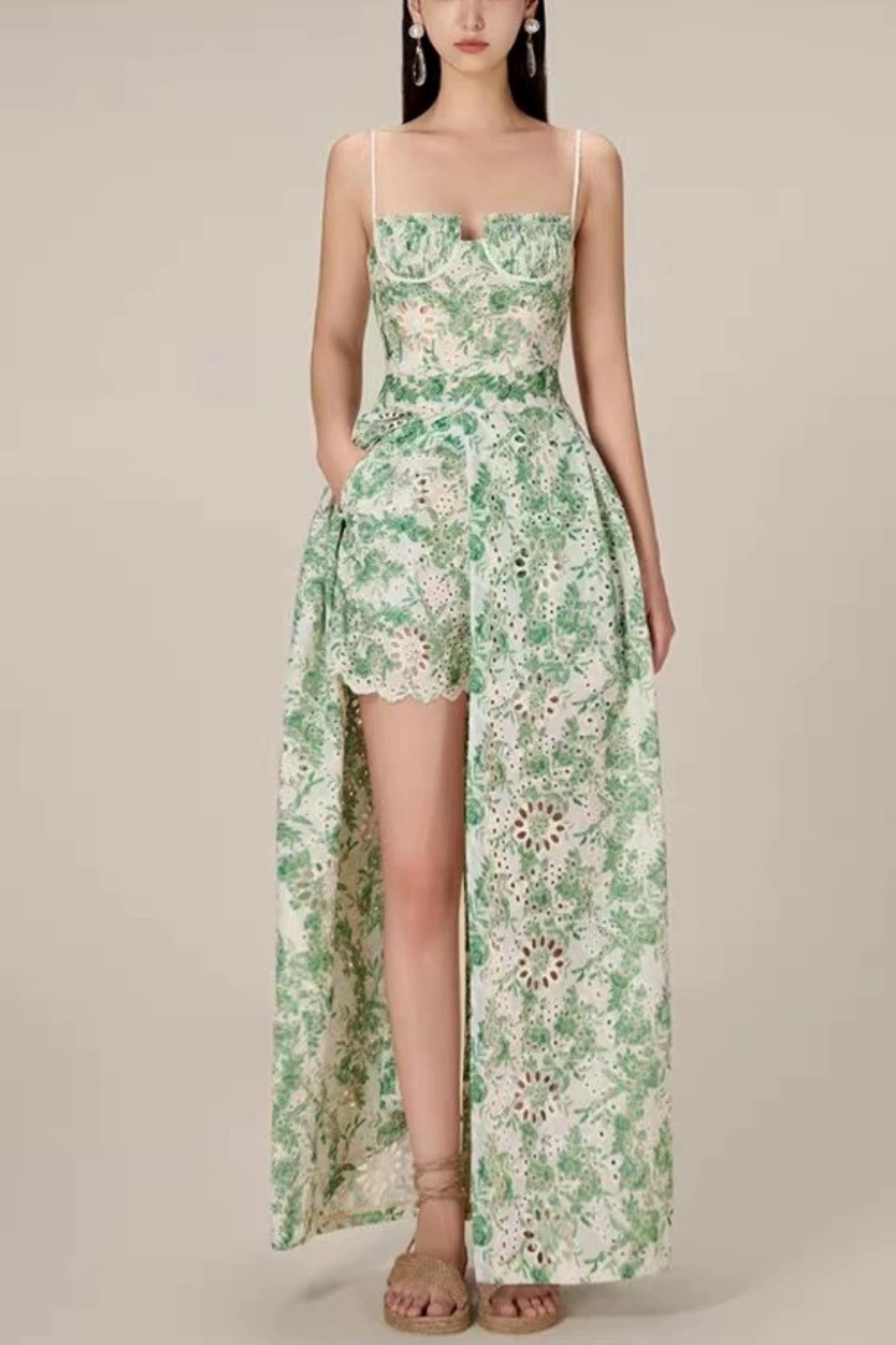 Green Floral Embroidered Halter Dress