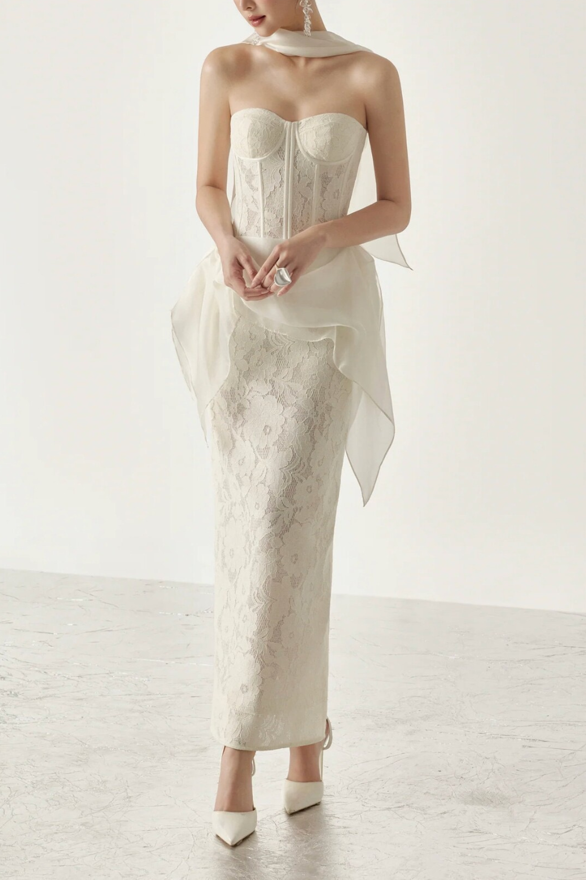 White Lace Corset Midi Satin Sash Dress with Flowy Sash