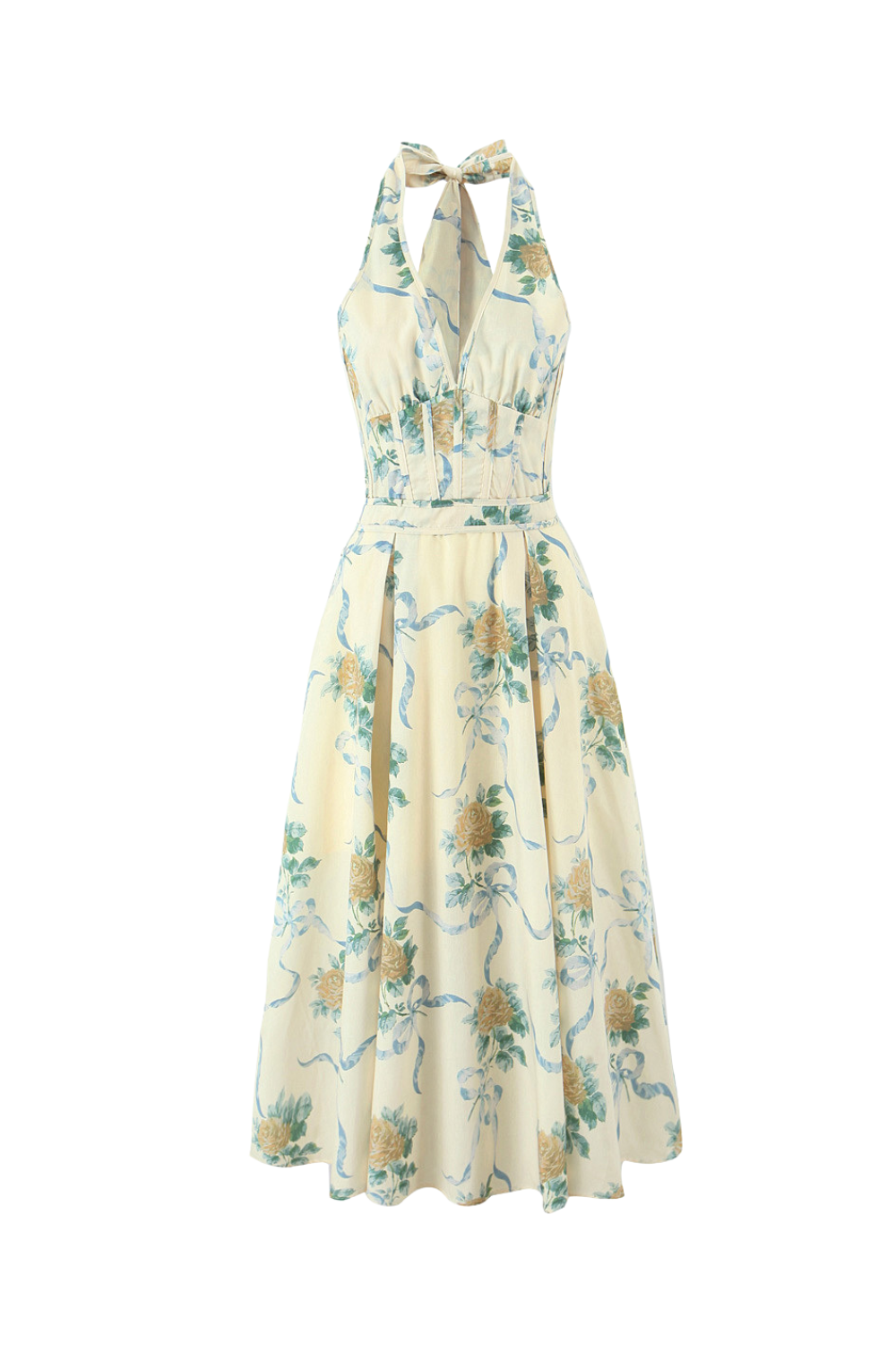 Floral Print Deep V Neck Midi Dress in Yellow