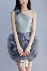 One Shoulder Mesh Mini Dress in Grey