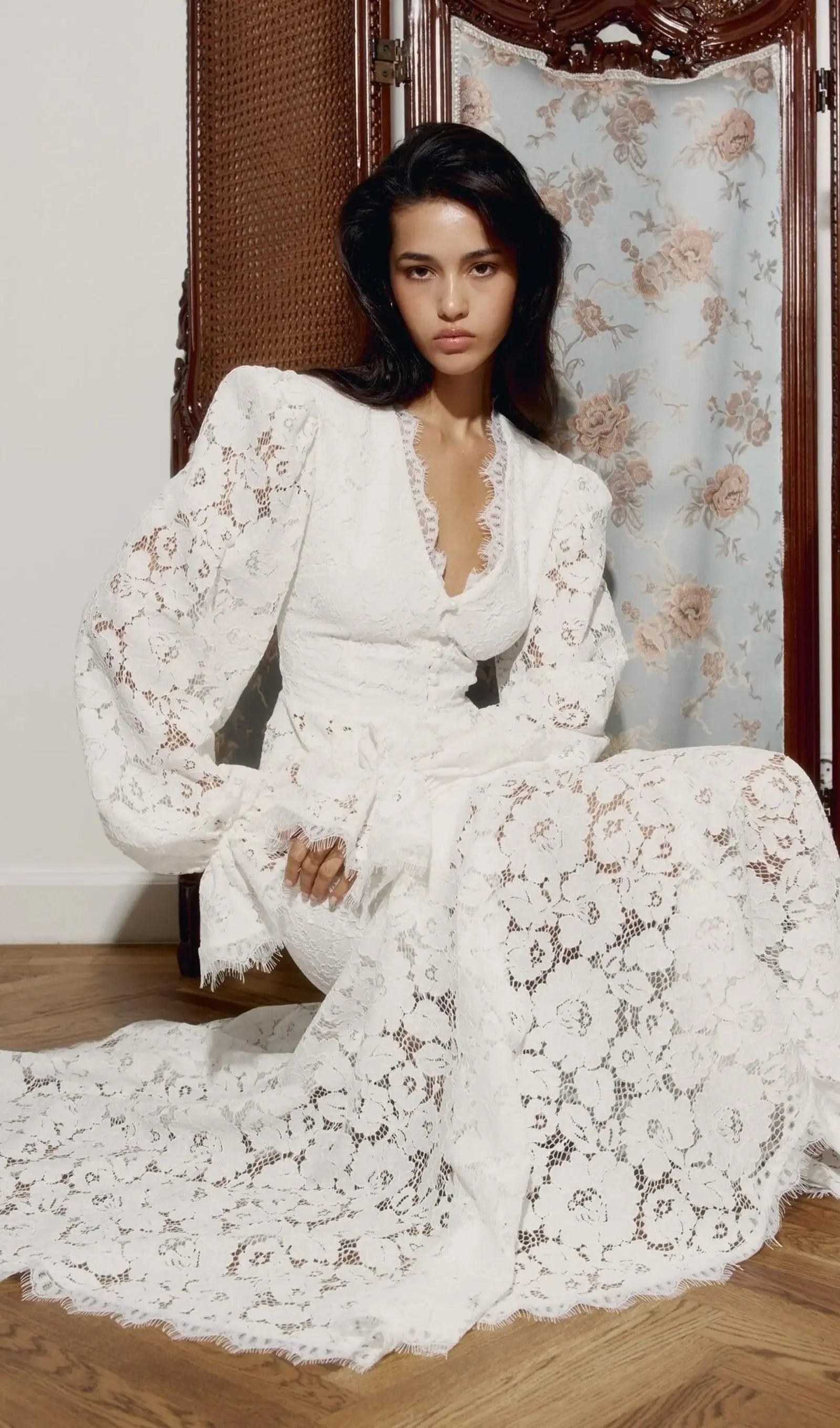 Lace Trimmed Puff Sleeved Top & Skirt Set in white