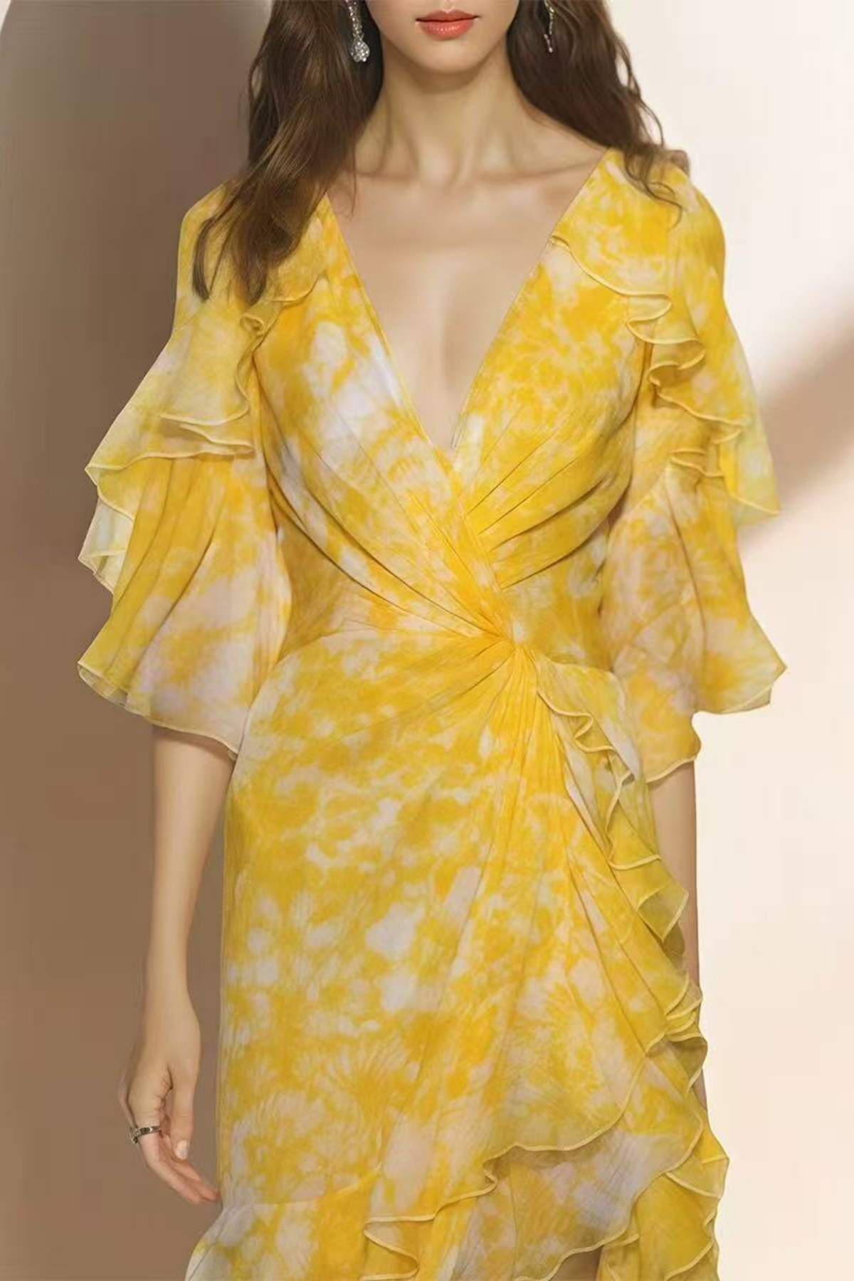 Floral Ruffle V-neck Yellow Maxi Dress