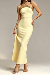 Yellow Cutout Halter Gold Woven Embellished High Bodycon Bandage Midi Dress