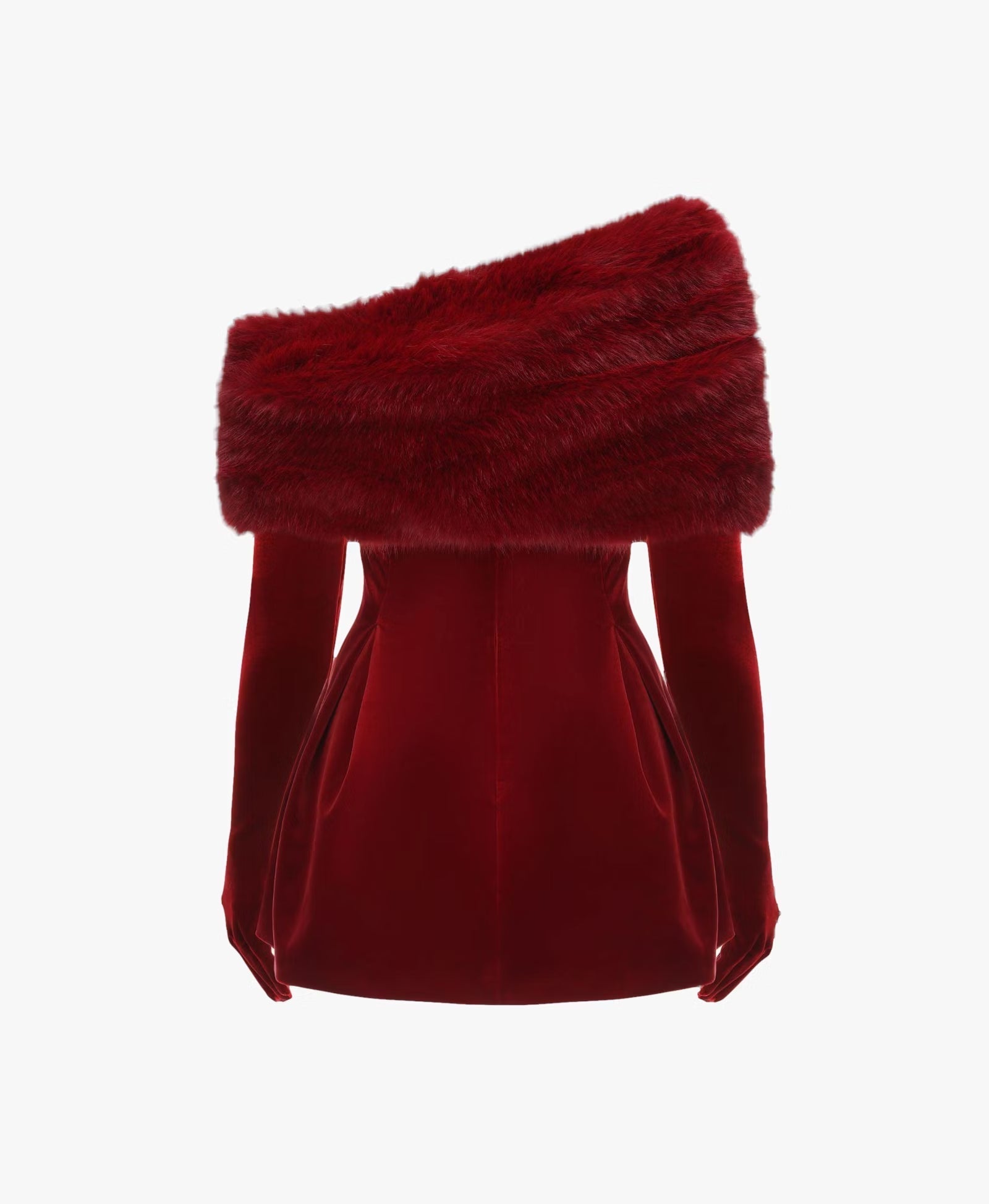 Long Sleeve Fur Mini Dress in Red