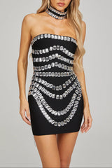Crystal Embellished Mini Dress in Black