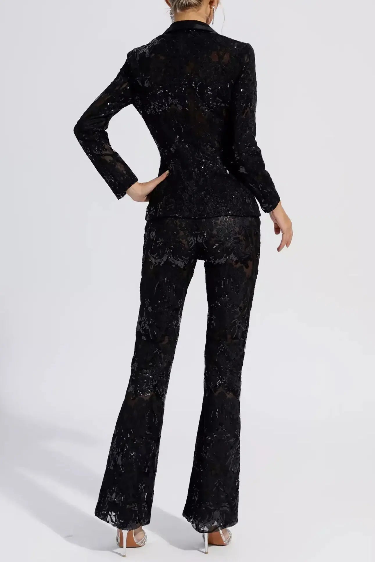 Black Cutout Floral Embroidered Sequin Blazer Set