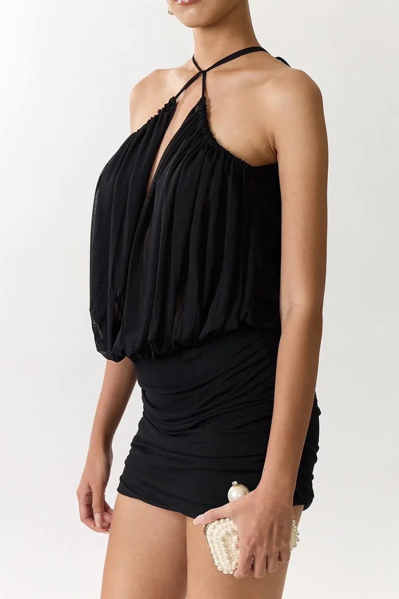 Ruched Halter Bodycon Mini Dress in Black