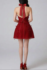 Lace Backless Halter Mini Dress in Red