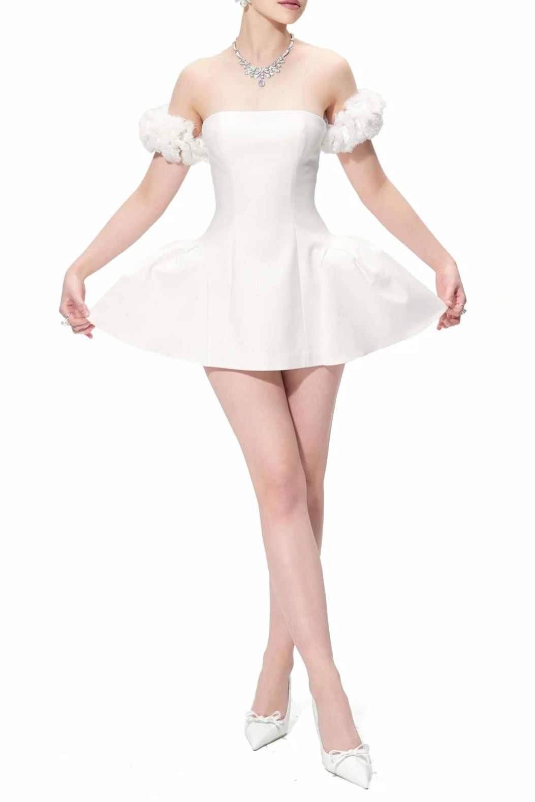 Flower Puffy Mini Dress in White