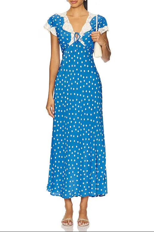Lace-Trimmed V-Neck Maxi Dress in Blue