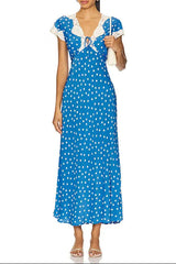 Lace-Trimmed V-Neck Maxi Dress in Blue