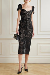 Black Embellished Cotton-Blend Lace Midi Dress