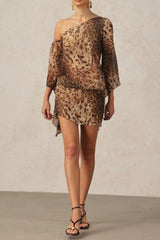 Long Sleeves Print Mini Dress in Brown