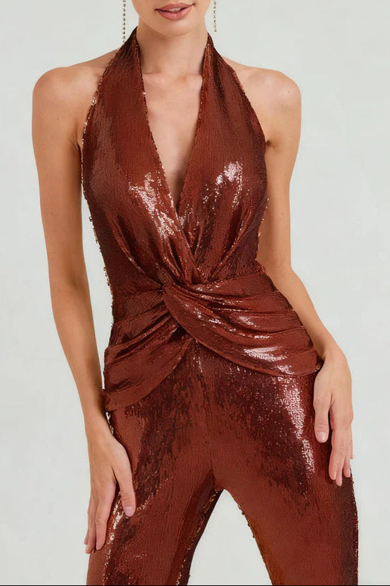 Brown Sequin Deep V High Waist Jumpsuit