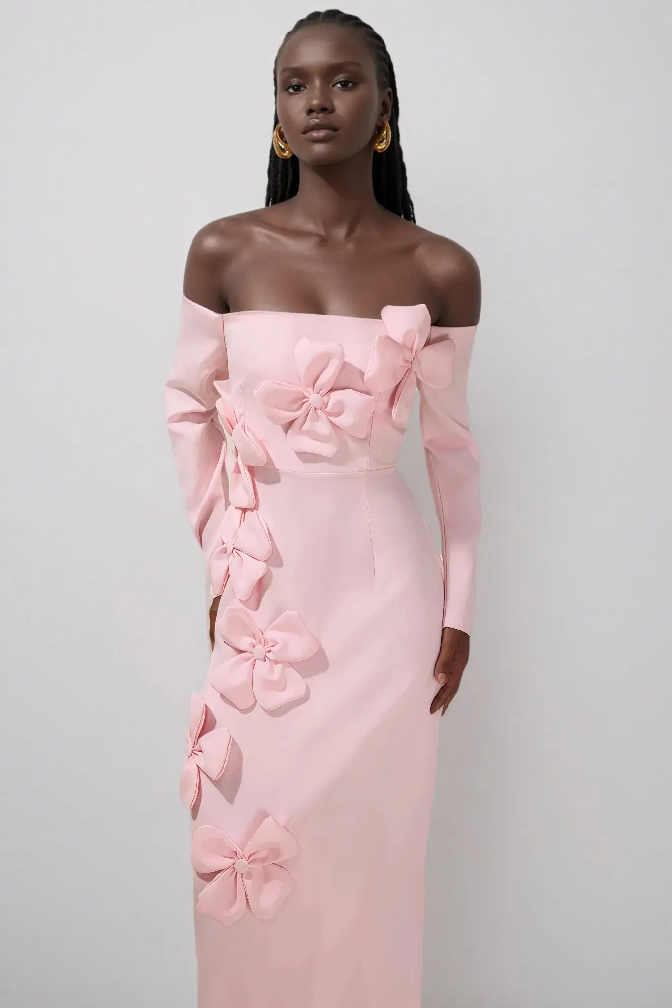 Pink 3D Flower Long Sleeve Midi Dress