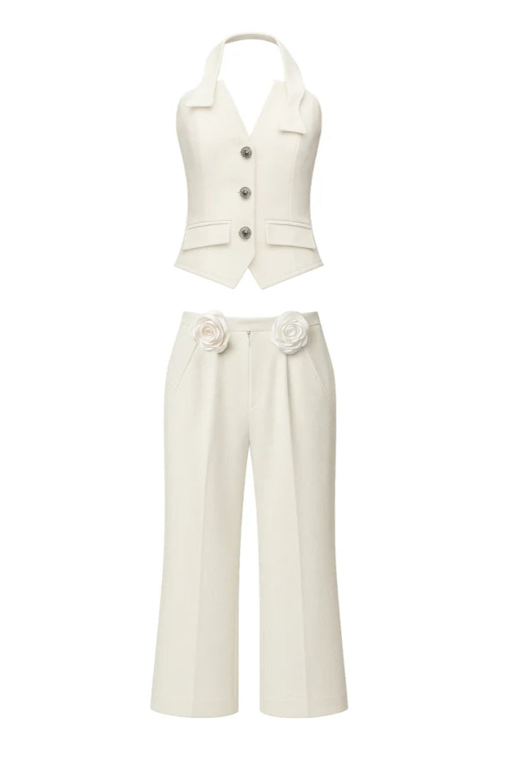 Halter Neck Vest Flower Embellished Pants Suit in Ivory