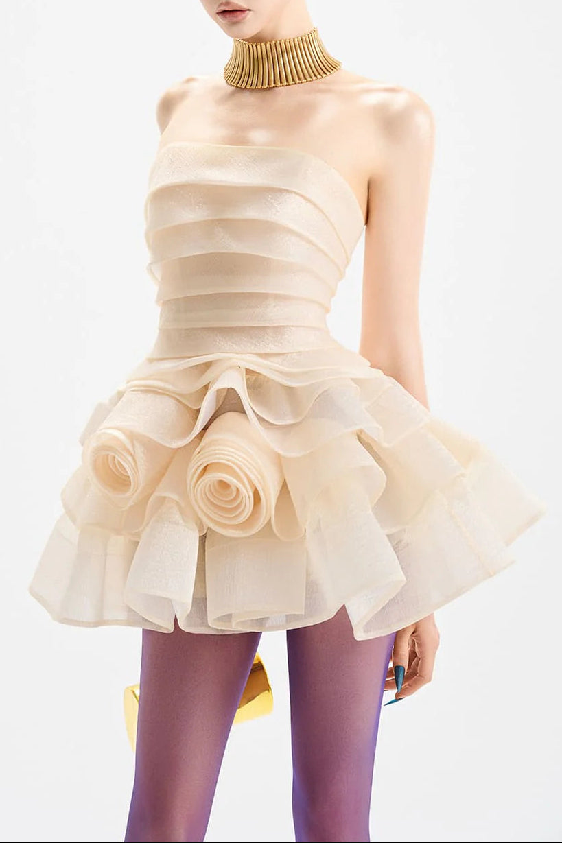 Coral Off-Shoulder Trim Flower Mini Dress in Apricot