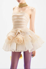 Coral Off-Shoulder Trim Flower Mini Dress in Apricot