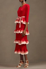 Round Neck Long Sleeve Falbala Woven Maxi Dress in red