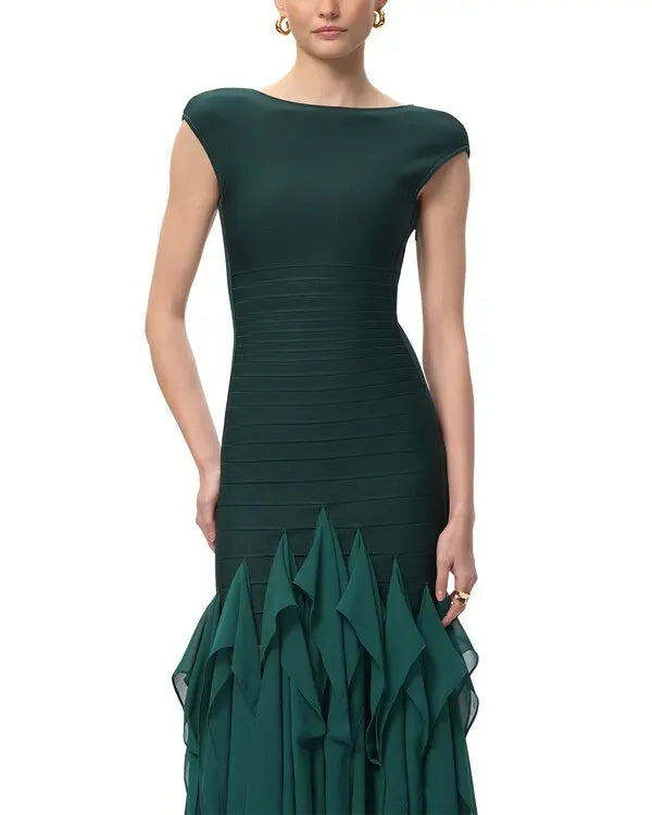 Ruffled Mesh Bodycon Bandage Maxi Dress in Green