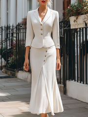 Textured Buttoned Blazer & Midi Skirt Set