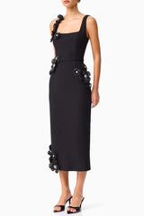 3D Flower Midi Dress in Black