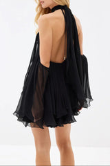 Halter Neck Lace-Up Backless Mini Dress - Black