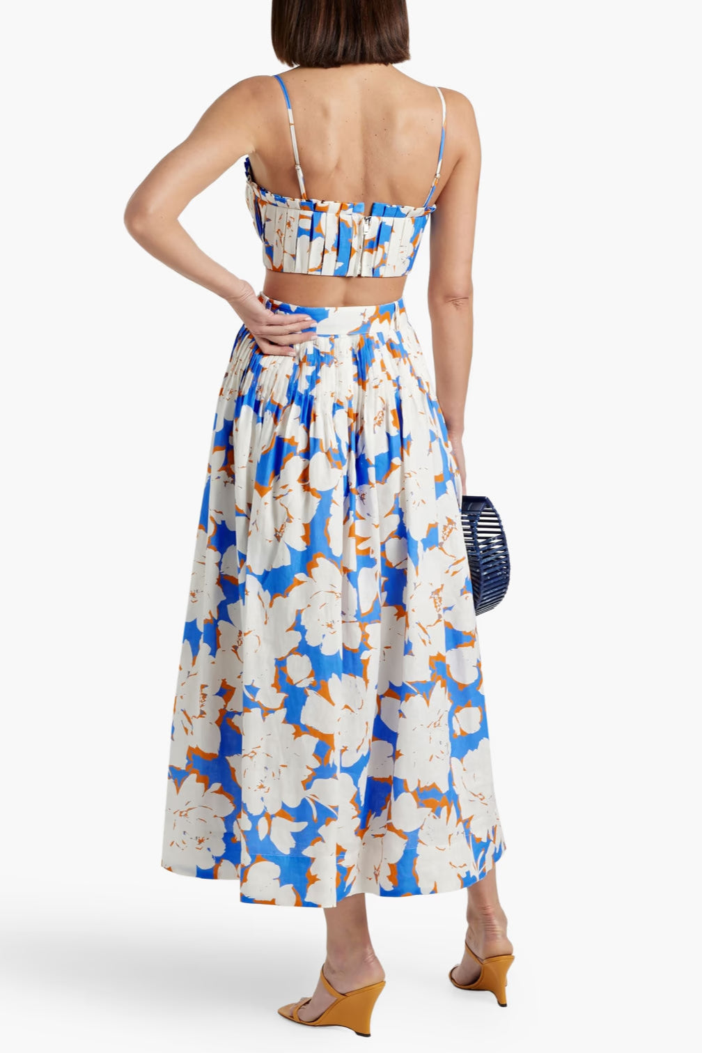 Floral-Print Linen Bustier Top Skirt Set in Blue