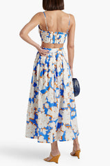 Floral-Print Linen Bustier Top Skirt Set in Blue