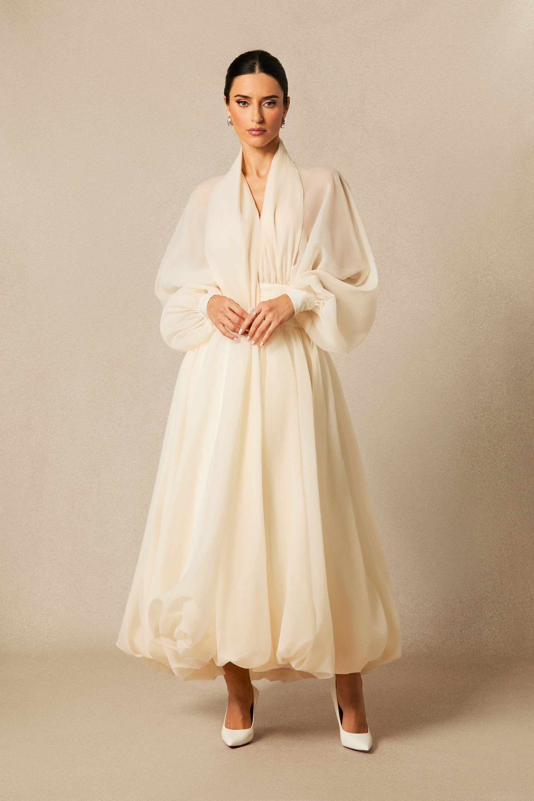 Deep V Neck Puff Sleeve Maxi Dress