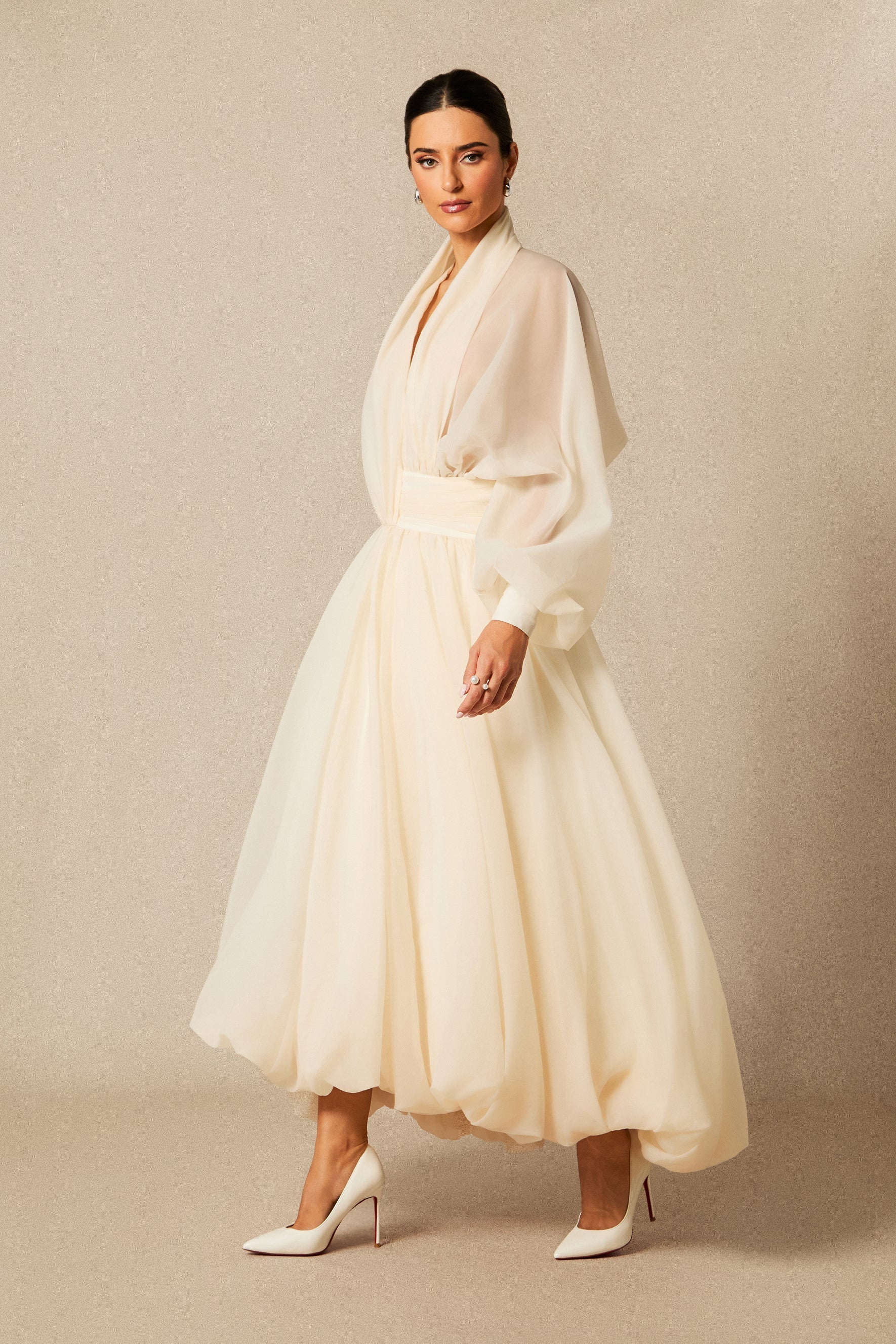 Deep V Neck Puff Sleeve Maxi Dress