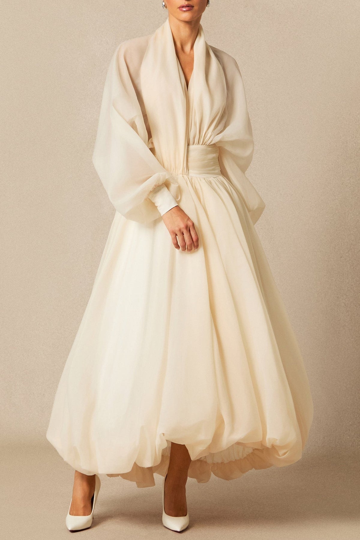 Deep V Neck Puff Sleeve Maxi Dress