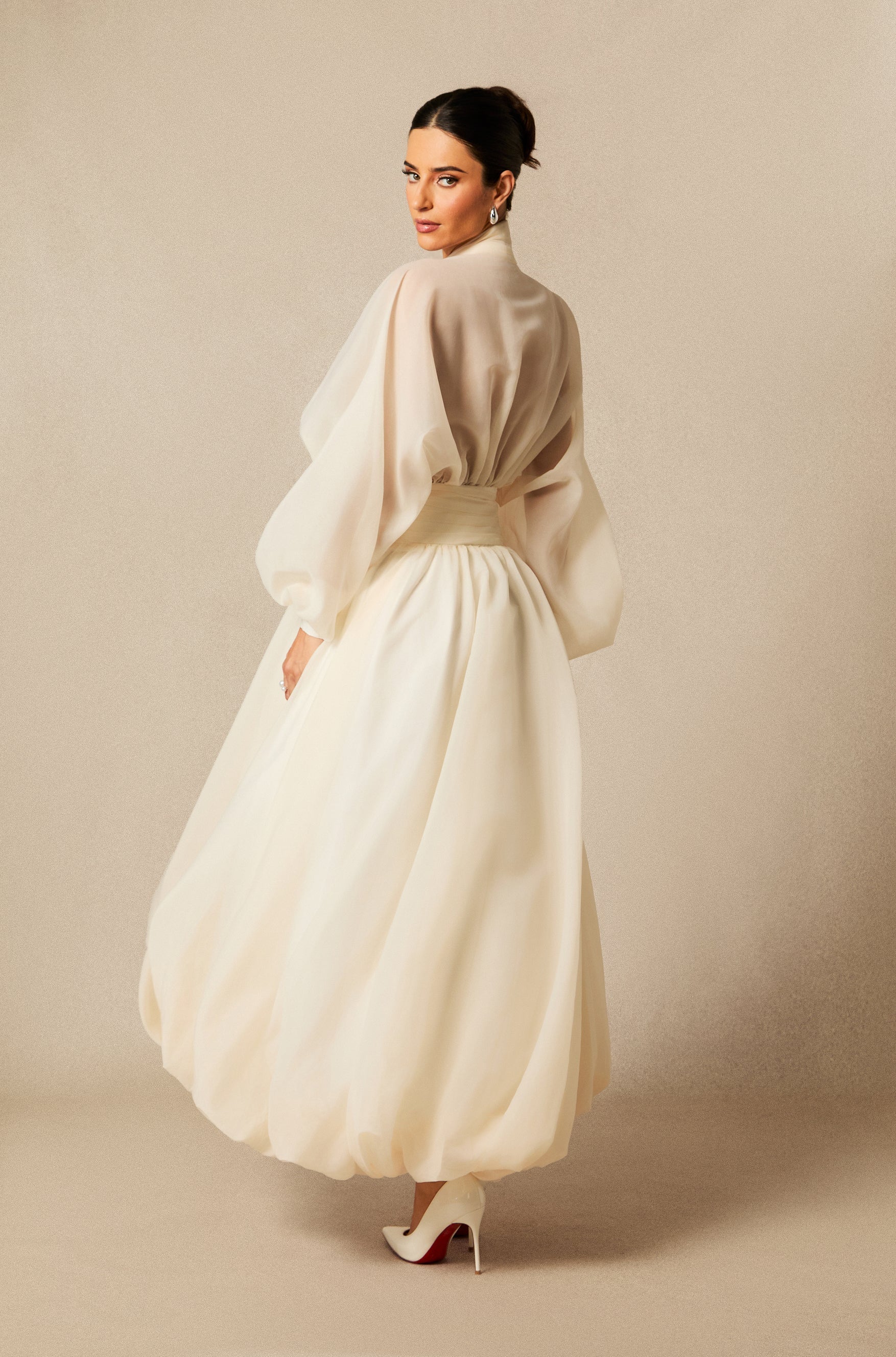 Deep V Neck Puff Sleeve Maxi Dress