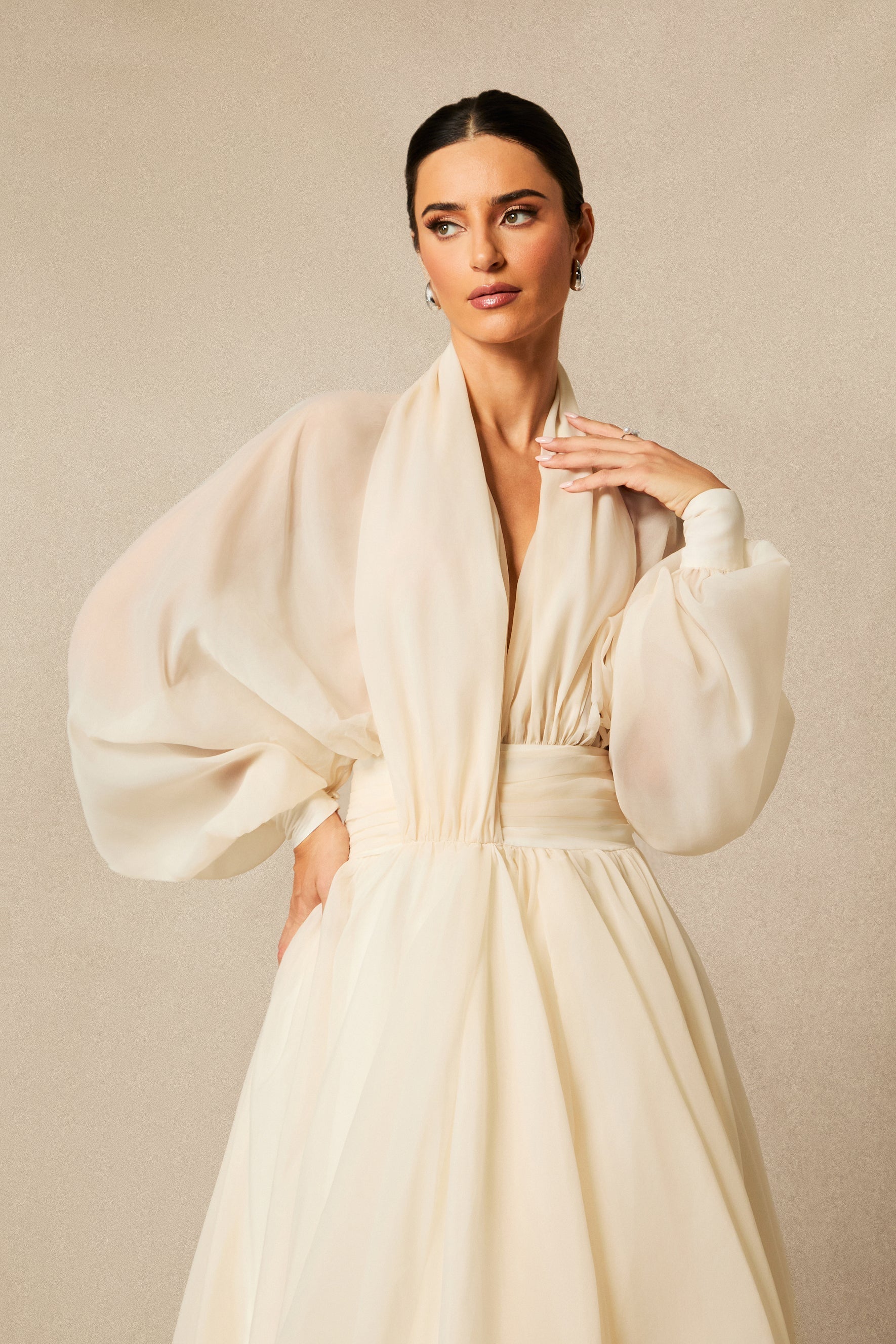 Deep V Neck Puff Sleeve Maxi Dress