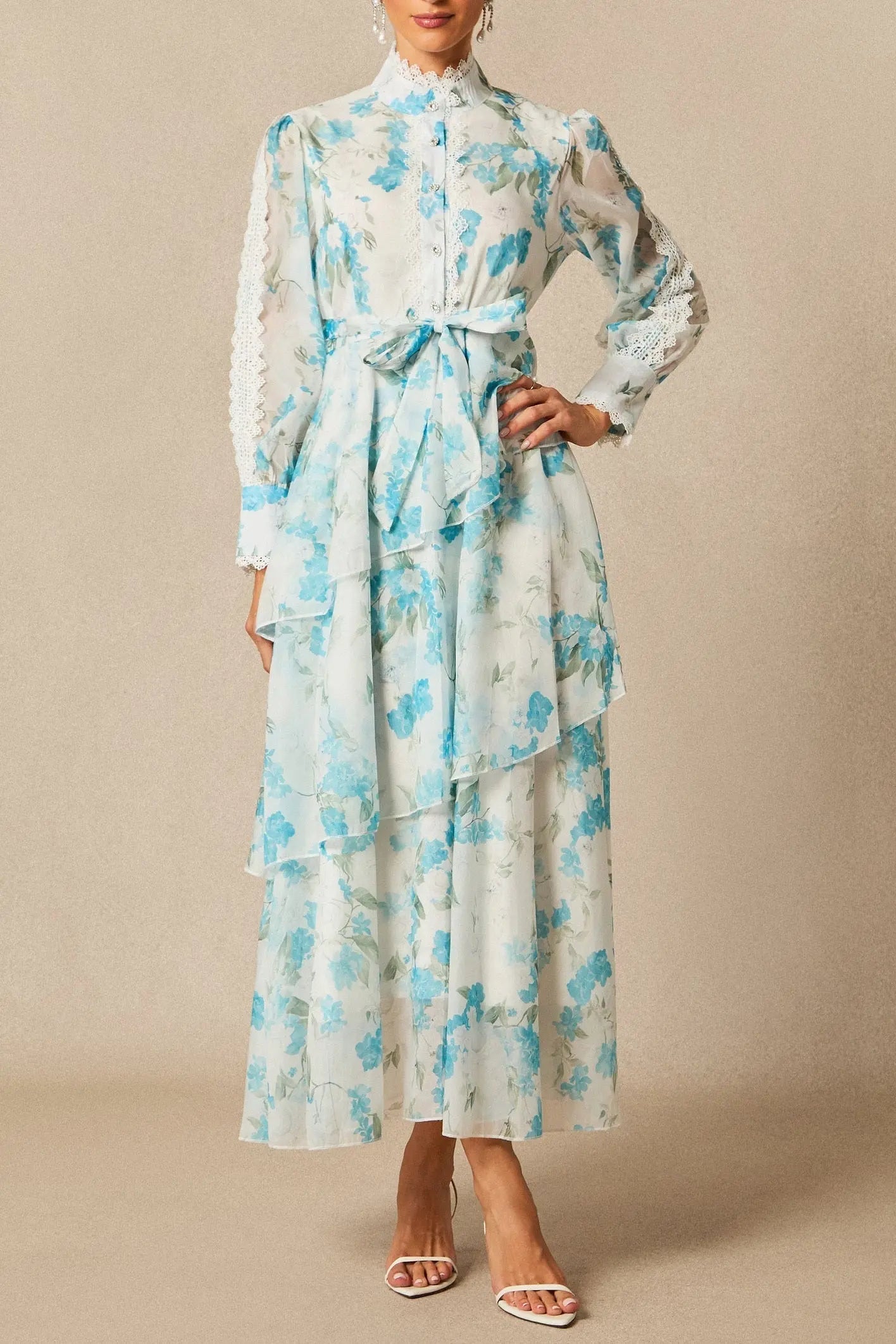 Blue Lace Trim Stand-Collar Dress With Layered Ruffles