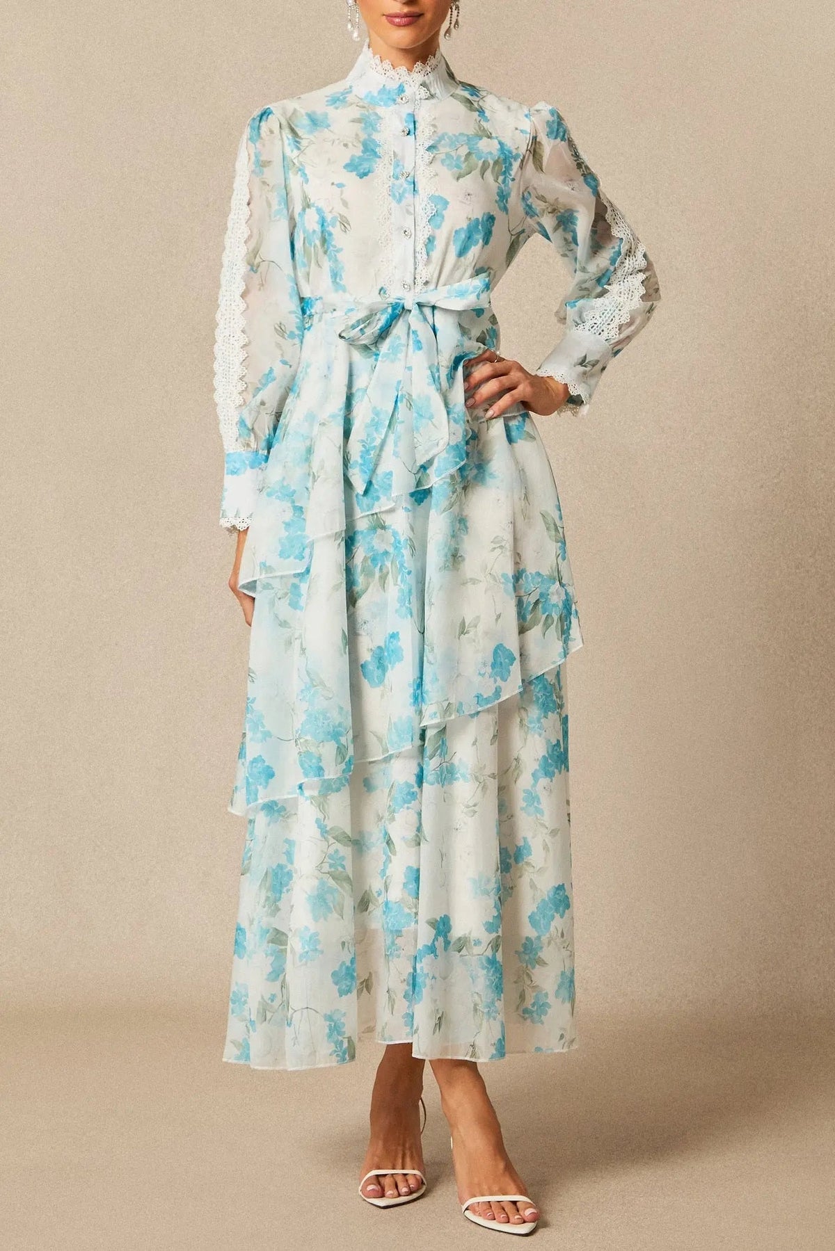 Blue Lace Trim Stand-Collar Dress With Layered Ruffles