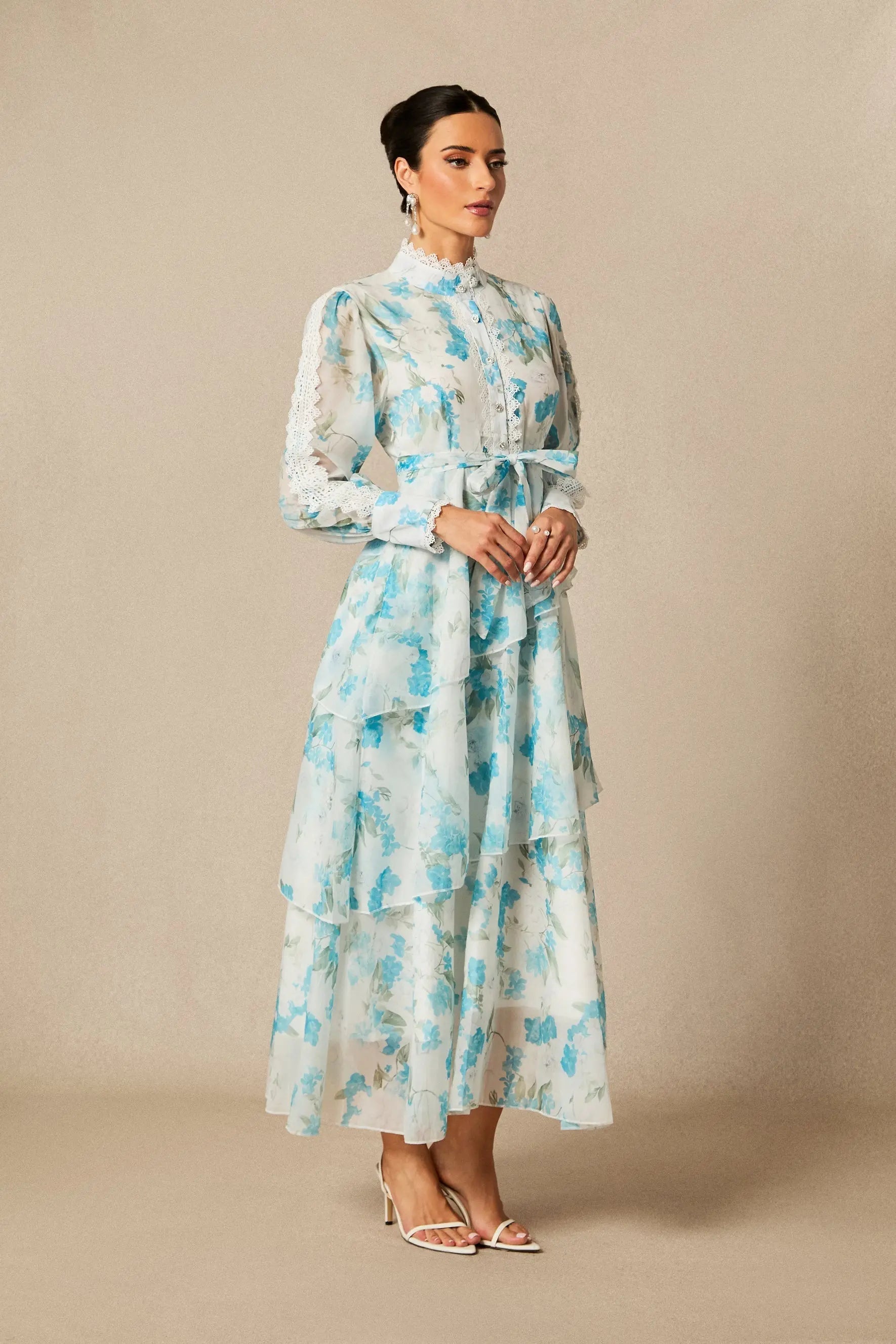 Blue Lace Trim Stand-Collar Dress With Layered Ruffles