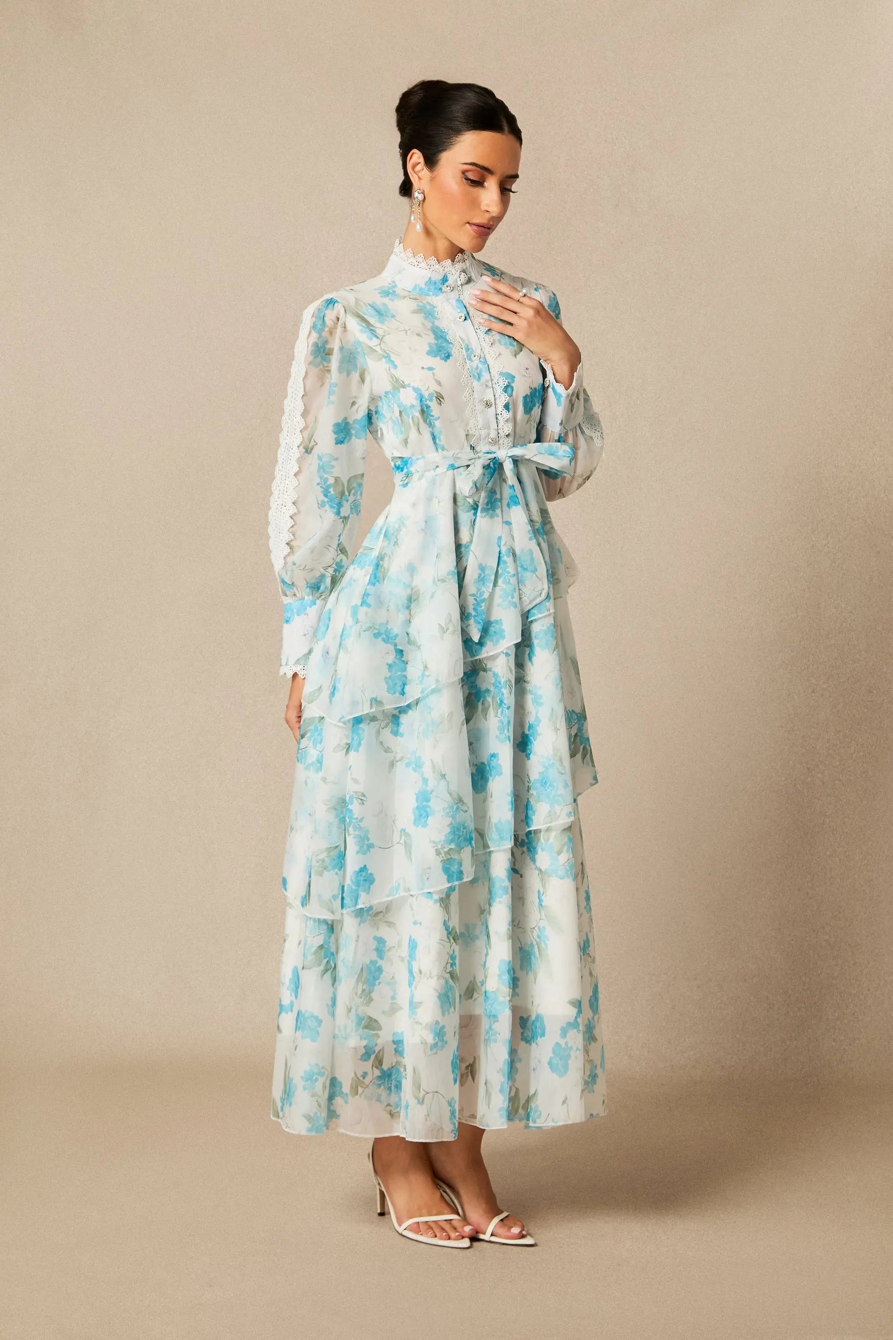 Blue Lace Trim Stand-Collar Dress With Layered Ruffles