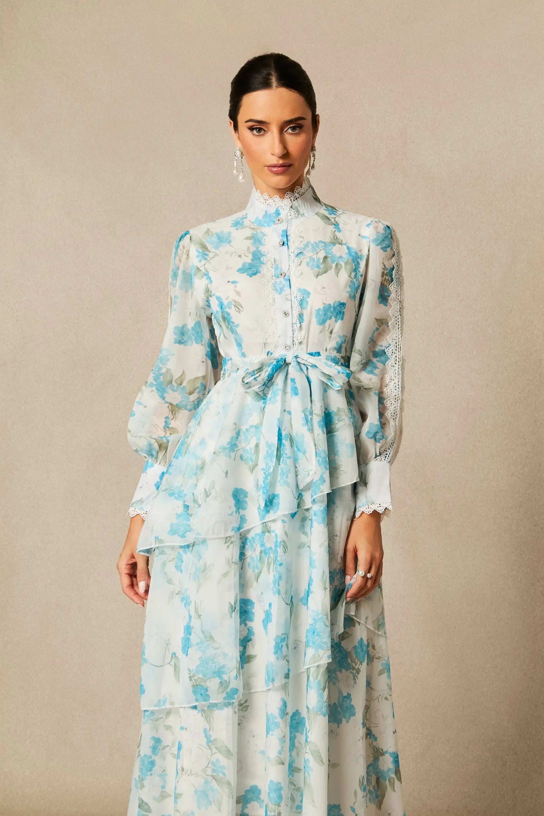 Blue Lace Trim Stand-Collar Dress With Layered Ruffles