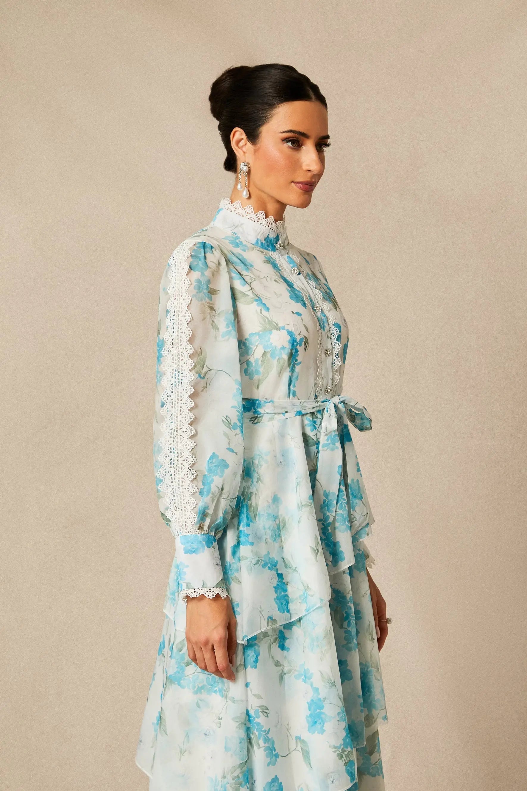 Blue Lace Trim Stand-Collar Dress With Layered Ruffles