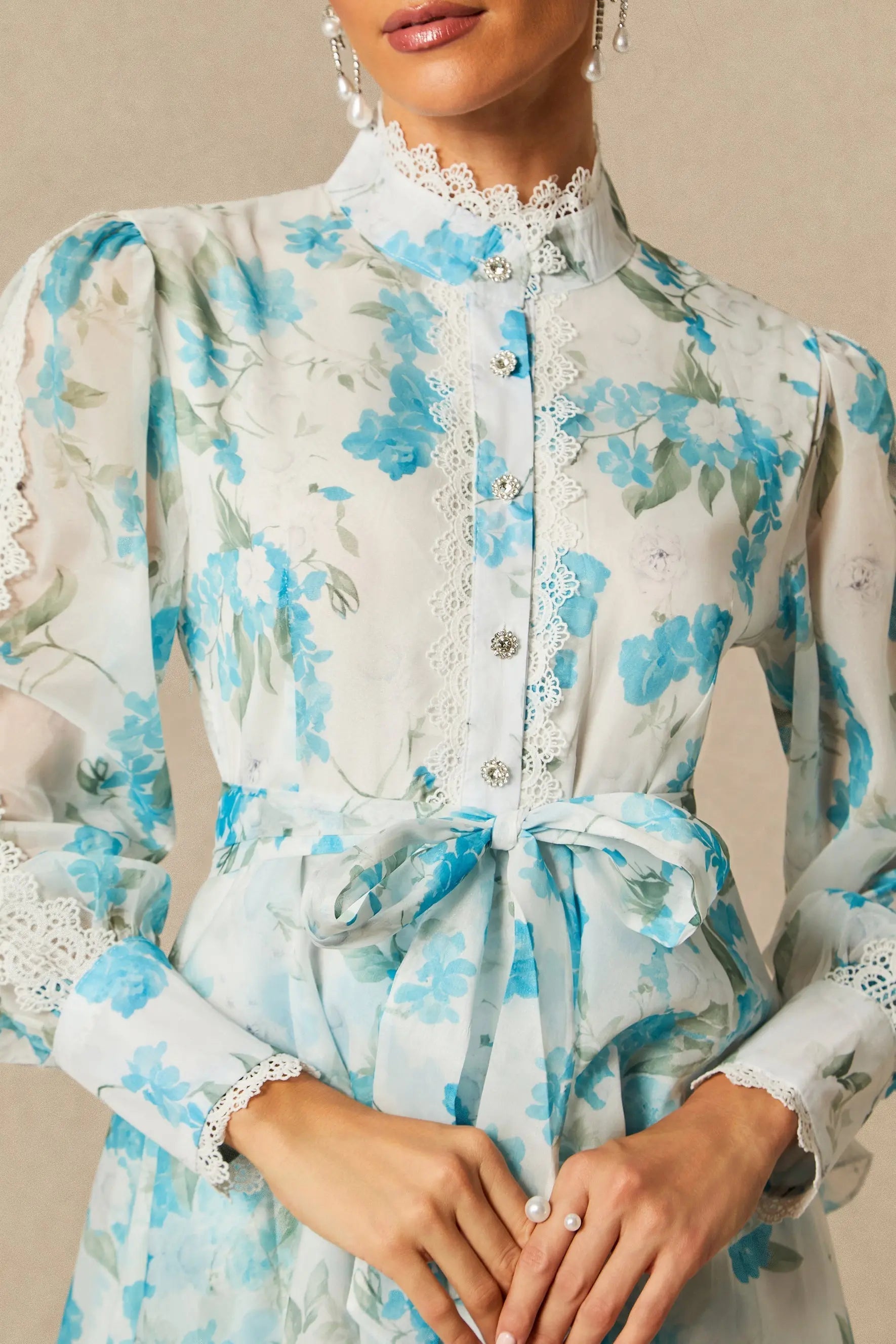 Blue Lace Trim Stand-Collar Dress With Layered Ruffles
