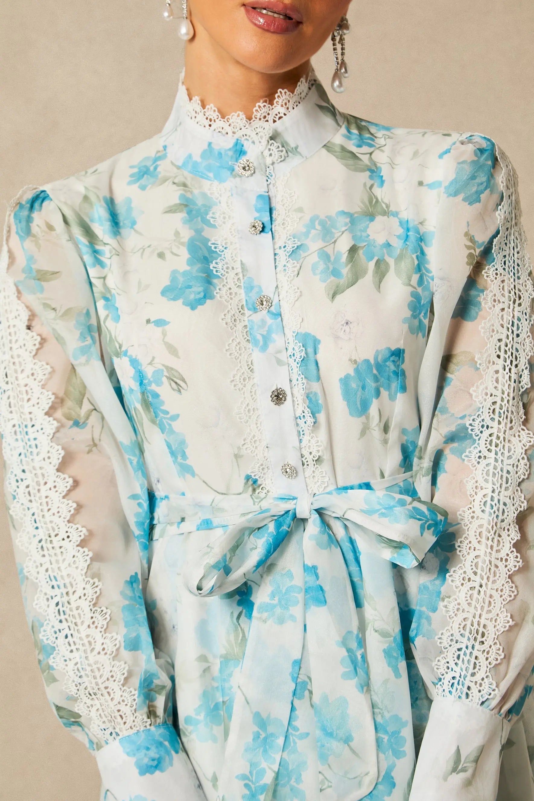 Blue Lace Trim Stand-Collar Dress With Layered Ruffles