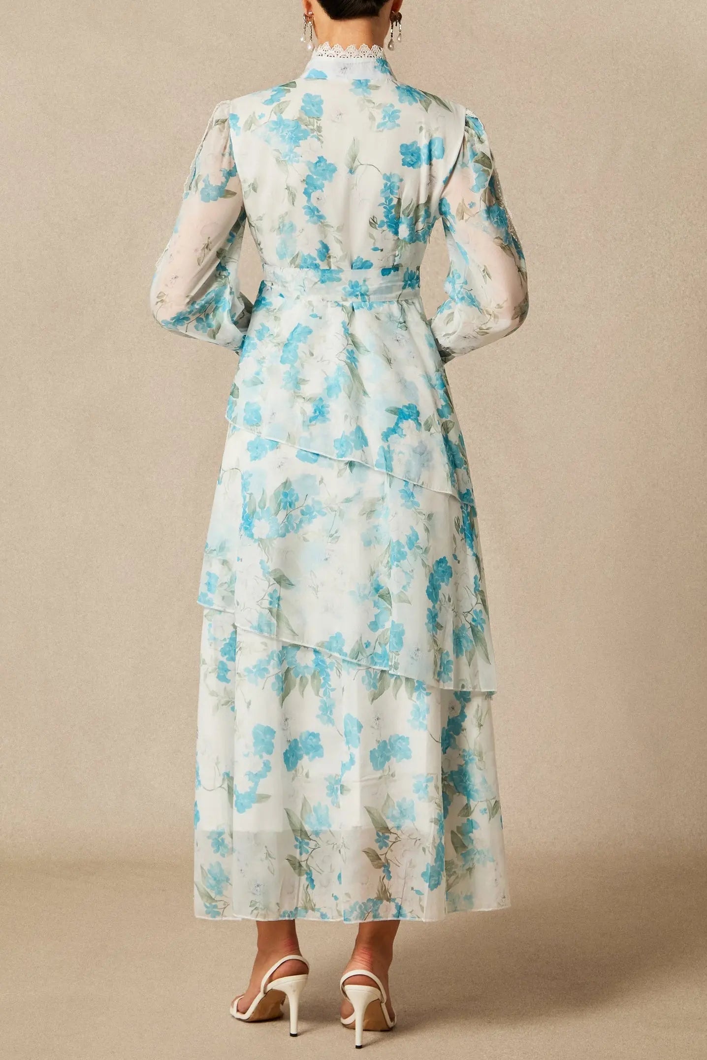 Blue Lace Trim Stand-Collar Dress With Layered Ruffles