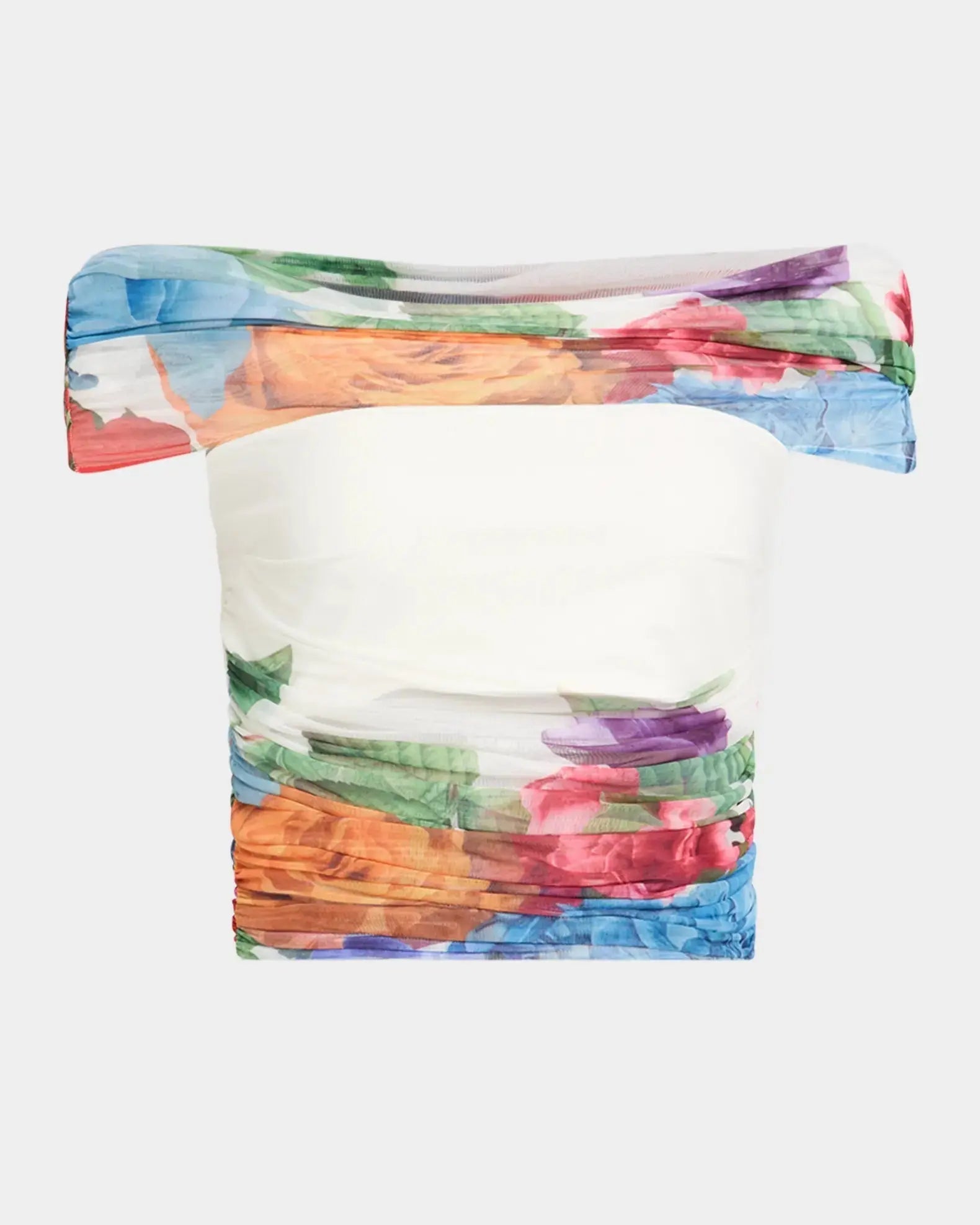 White Off-Shoulder Floral Print Ruched Top Skirt Set