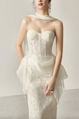 White Lace Corset Midi Satin Sash Dress with Flowy Sash